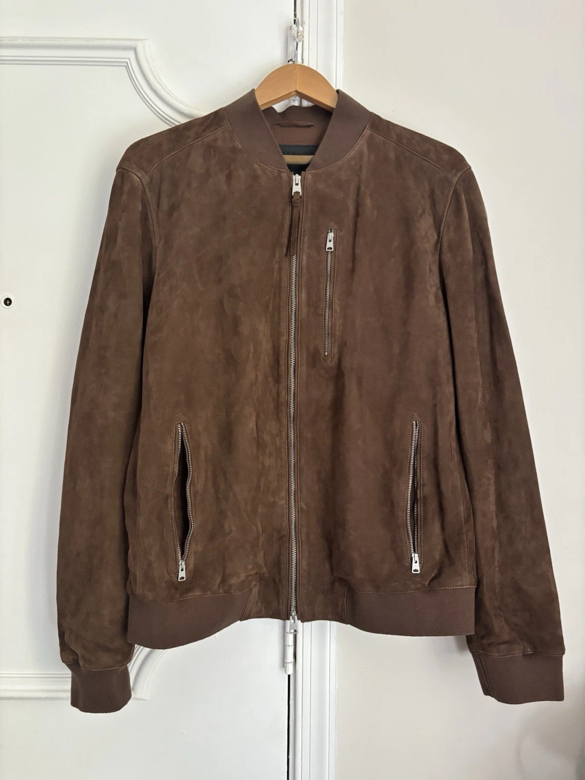 ALLSAINTS Kemble 2XL Suede Bomber Jacket Brown Full Zip Band Collar Solid image 7