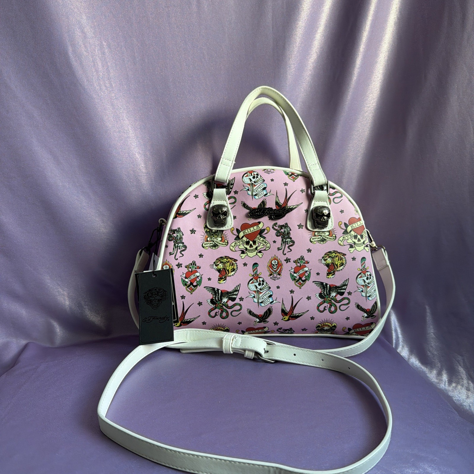 Ed Hardy Tattoo Women’s Skull & Roses Print Pink Satchel Crossbody Shoulder Bag