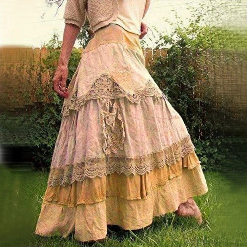 Ruffles Oversized Maxi Skirts Lace Long Low Waist Prairie Chic Dropped Skirt - Picture 14 of 37