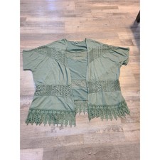 Est 1948 small women's sage green open front crochet lace accent cardigan