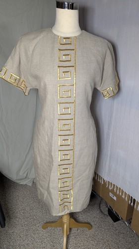 VTG CHETTA B Dress Women 10 Flax Linen Gold Greek Key Embroidery Trim Fully Line - Picture 1 of 14