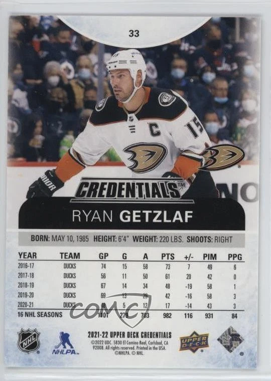 2021-22 Upper Deck Credentials Ryan Getzlaf #33 - Image 2 of 3
