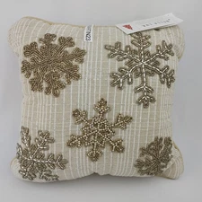 Bella Lux Beaded Silver Gold Snowflakes Beige Christmas Holiday Pillow C