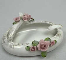 Vintage Lefton China Hand Painted Pink Roses Ladies Ashtray Trinket Jewelry Dish