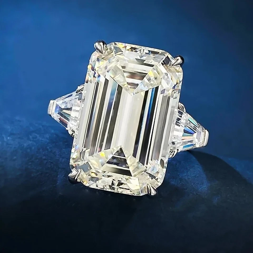 RARE 16.50 Ct Emerald Cut Off White Treated Diamond 925 Silver Ring Great Shine - Image 4 of 4