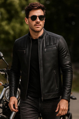 Leather Jacket Men's Classic Biker Motorcycle Bomber Men Racer Soft Zip Black 23