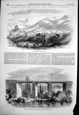 Antiker alter Druck Bern Genfer Eisenbahn Lausanne Poudriere Viadukt Venoge 1855