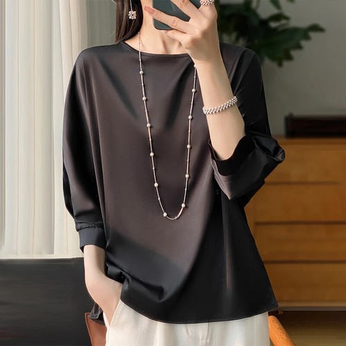 Neunarm T-Shirt im Sommer Damen Satin Gesicht Rundhals weite Ärmel außen - Bild 5 von 22