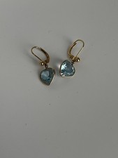 14k Yellow Gold Heart Blue Topaz Bezel Lever-back Earrings