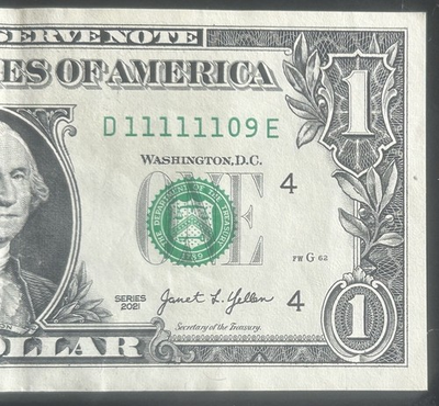 #ad 6 IN A ROW $1 6 In A Row 1s Fancy Serial Number D11111109E Series 2021 $19.99