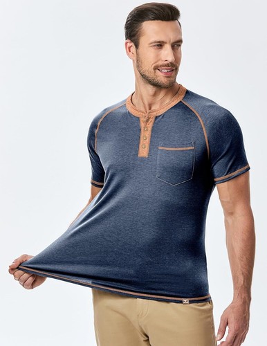 Men's Henley T Shirt Short Sleeve Cotton Raglan Casual Fit Soft Lightweight Tee - Picture 3 of 17
