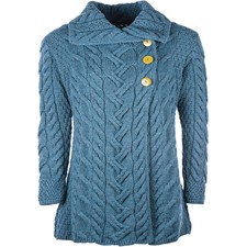 Ladies 3 Button Long Merino Wool Cardigan By Aran Mills - Marine Blue