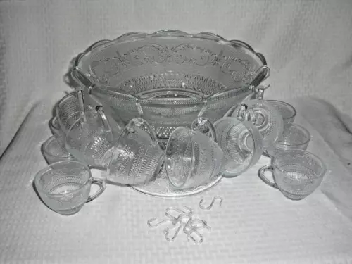 Vintage Bali 26 pc Crystal Punch Bowl Set 12 Cups with hooks (No Ladle)