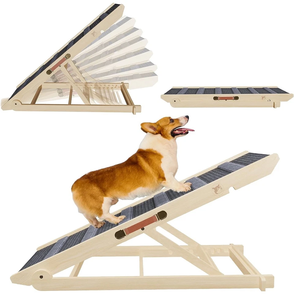 Pre-Owned Wooden Dog Ramp Adjustable Folding Portable Pet Ramp for Bed Car Gray - Image 2 of 4