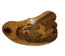 Vintage Wooden Inlay  Marquetry  Indian Wall Hanging Fishing Scene  Folk Art