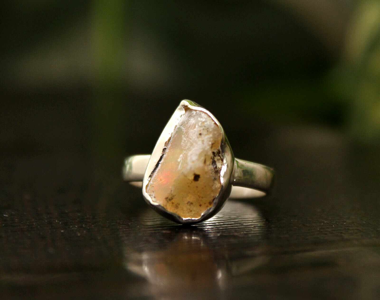 925 Sterling Silver Natural Rare Ethiopian Opal Rough Gemstone Ring Size US-7.5