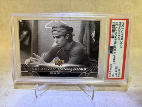 2023-24 Upper Deck Series 2 Devon Levi Young Guns UD Canvas Black & White PSA 10