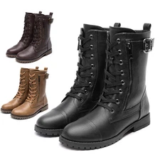 Women's Mid Calf Built-in Wallet Pocket Lace up Military Side Zip Combat Boots