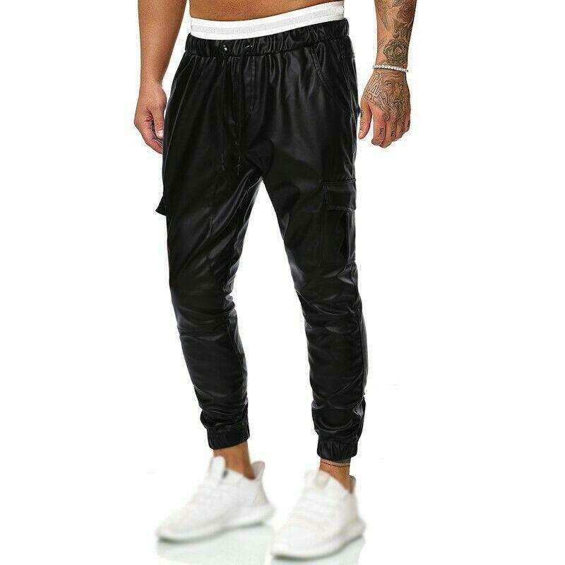 Men's Faux Leather Pants Cargo Pocket 