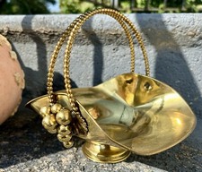 Vintage Metal Brass Plated Basket With Grape Accents Made In Italy Damaged 8"