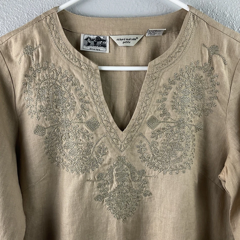 Top túnica Richard Malcolm 100 % lino irlandés bronceado bordado cuello en V boho pequeña L Foto 2 de 4