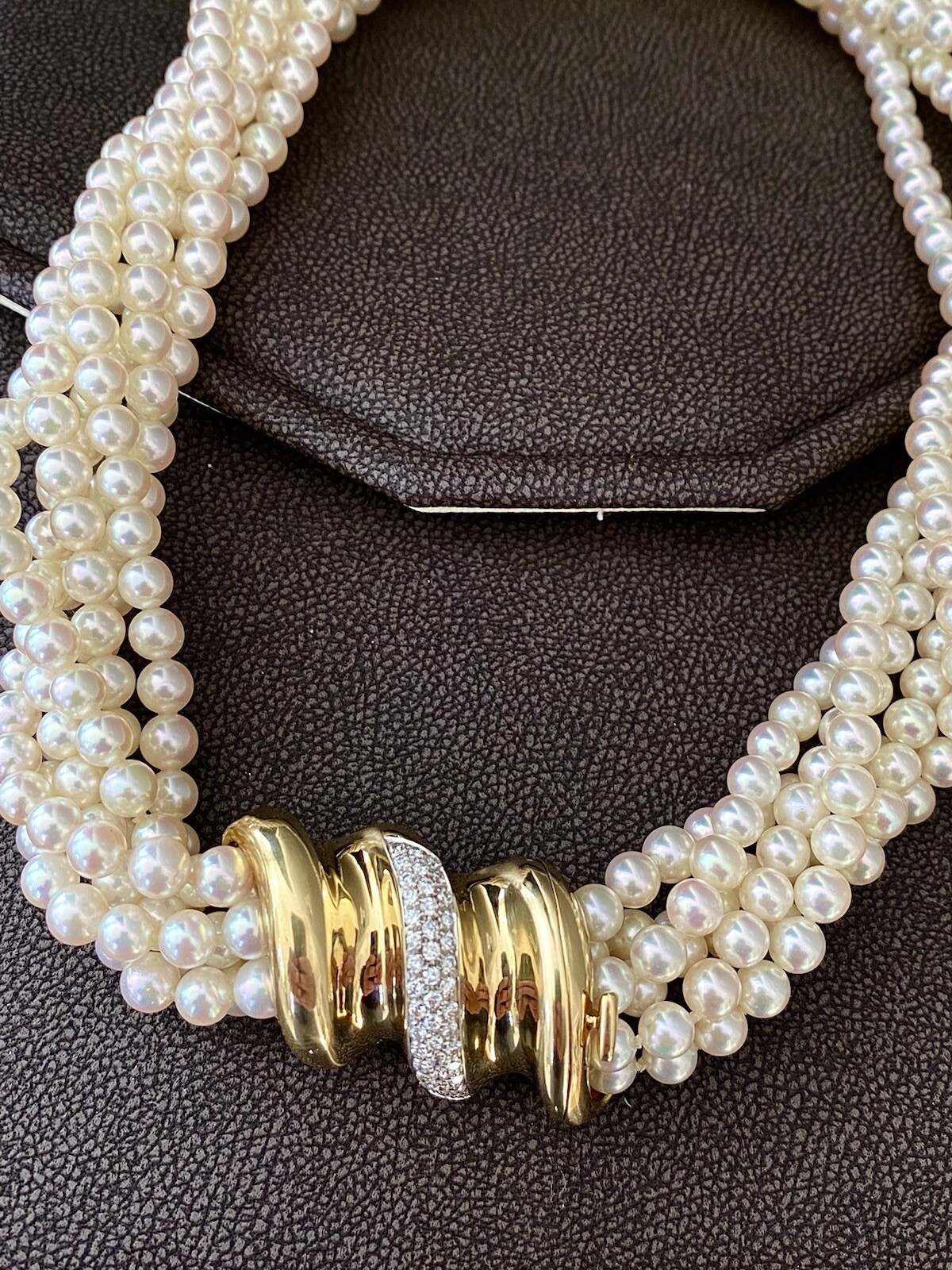 Vintage 14k Ladies 6 Strand Akoya Pearl Diamond Choker Necklace - Image 3