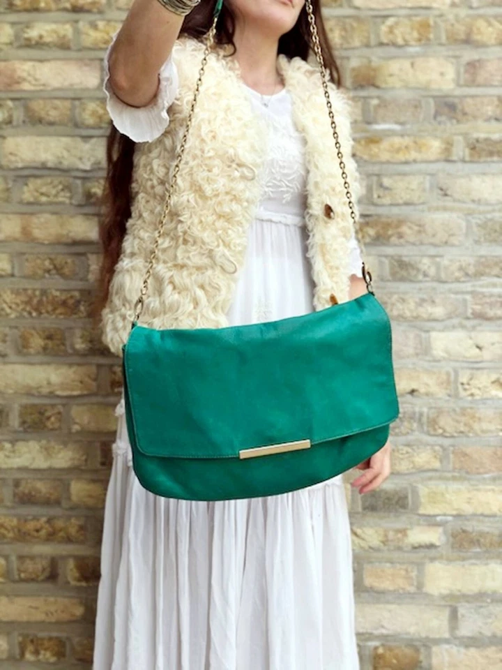 Large ZARA LEATHER BAG HIPPIE GREEN Boho Purse Gold Chain Punk Steampunk big - Image 3 of 4