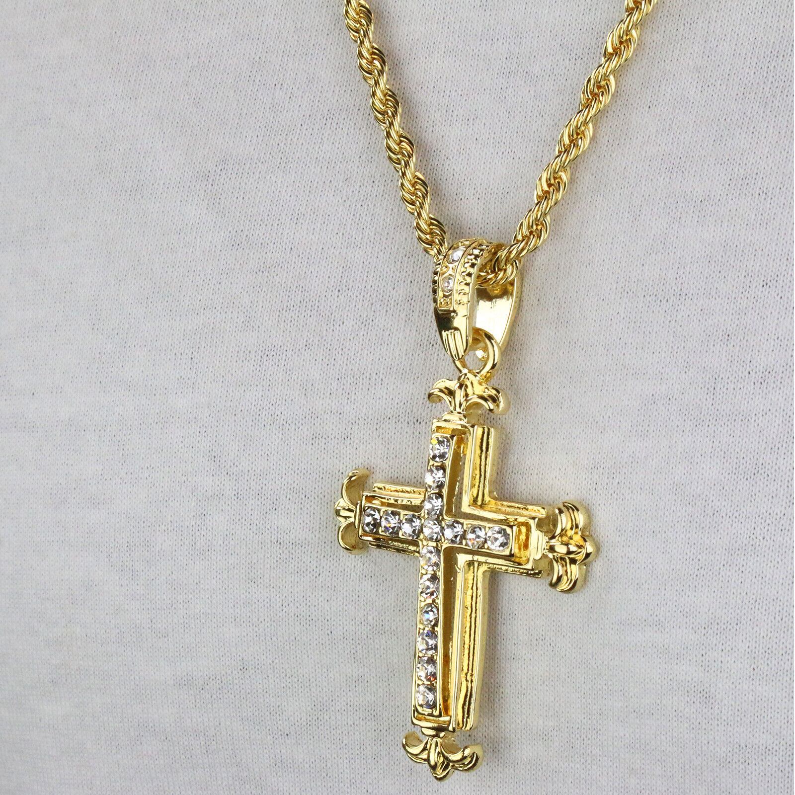 14K Gold Plated Sharp Side Jesus Cross Pendant Cubic-Zirconia 24
