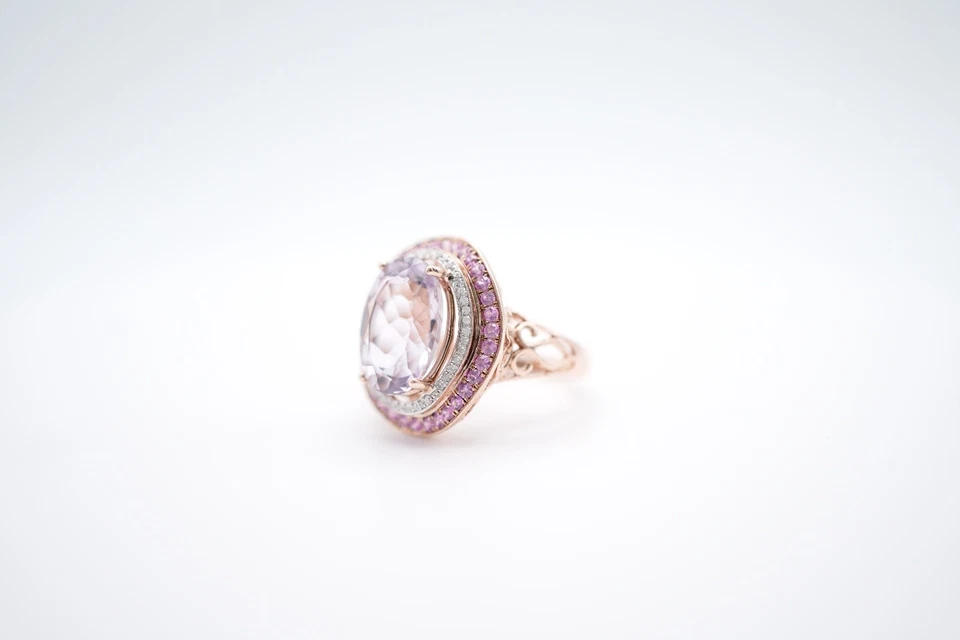 14K Rose Gold Oval Amethyst with Pink Topaz and Diamond Double Halo Ring - Image 2 of 4
