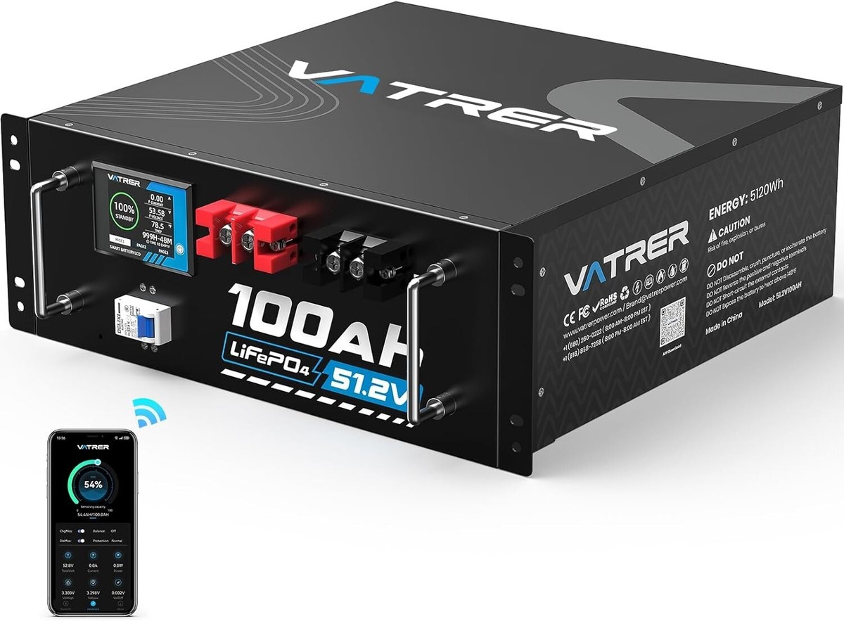 Vatrer 48V 100AH LiFePO4 Battery 100A BMS Touchable Smart Display