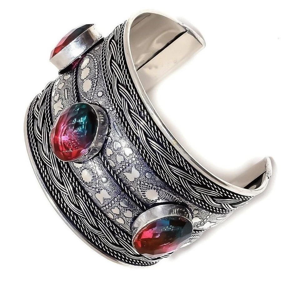 Bi-Color Tourmaline Gemstone 925 Sterling Silver Handmade Jewelry Cuff Adj. - Image 4 of 4
