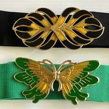 Vintage Cinch Belts Brass Enamel Buckle Butterfly  Leaf Elastic Waist Accent
