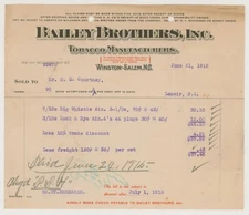 Vintage Historical Document 1915 Bailey Brothers Tobacco Invoice / Winston-Salem