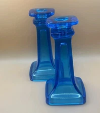 Antique Candelabra Mosser AQUA MARINE Mercury Blue Glass Taper Candle Holder SET