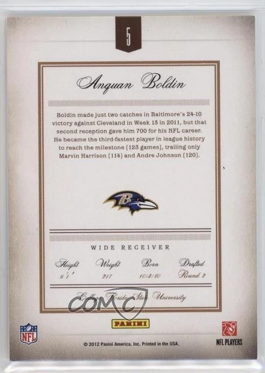 2011 Panini Prime Signatures Prime Proof Blue /49 Anquan Boldin #5 - Image 2 of 2