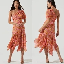 ASTR The Lable Santorini Pink Yellow Floral Chiffon Midi Dress Small Cocktail