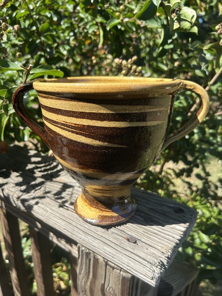 Dwayne Crocker Swirl Southern GA Pottery Double Handled Pot Urn Trophy Brown 7"