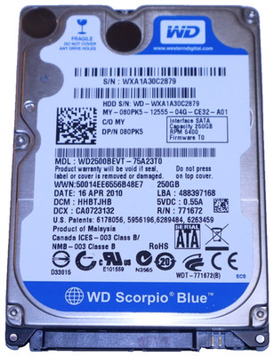 WD Scorpio Blue WD2500BEVT-75A23T0 250 GB 2.5'' SATA III Hard Drive FORMATTED