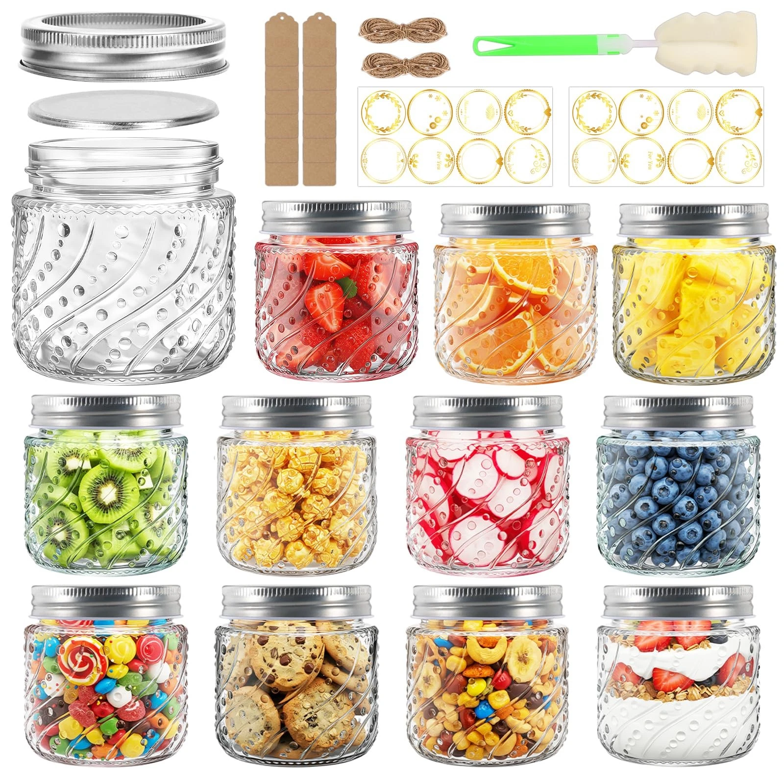 8oz Mason Jars with Silver Lids and Bands, 12 Pack with Wave and Dot Pattern,...