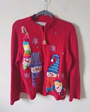 Tiara International Women's L Red Snowman Snowflake Christmas Sweater Cardigan