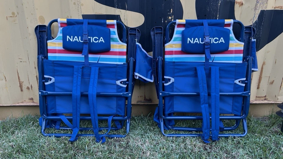 Pair (2) of Nautica 5 Position Aluminum Beach Chairs, Blue Frame Rainbow Textile - Image 4 of 4