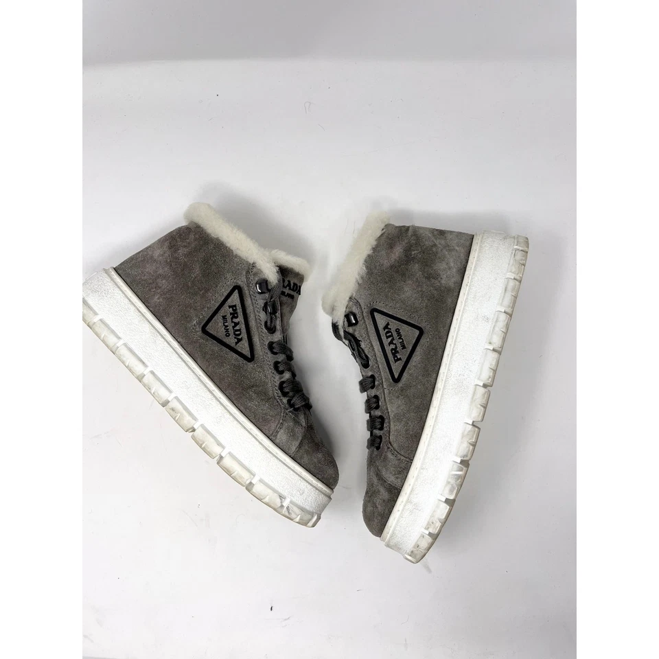Prada Gray Suede Shearling Lined Platform Hi-Top Sneaker Boot Triangle Logo  37  - Image 2 of 4