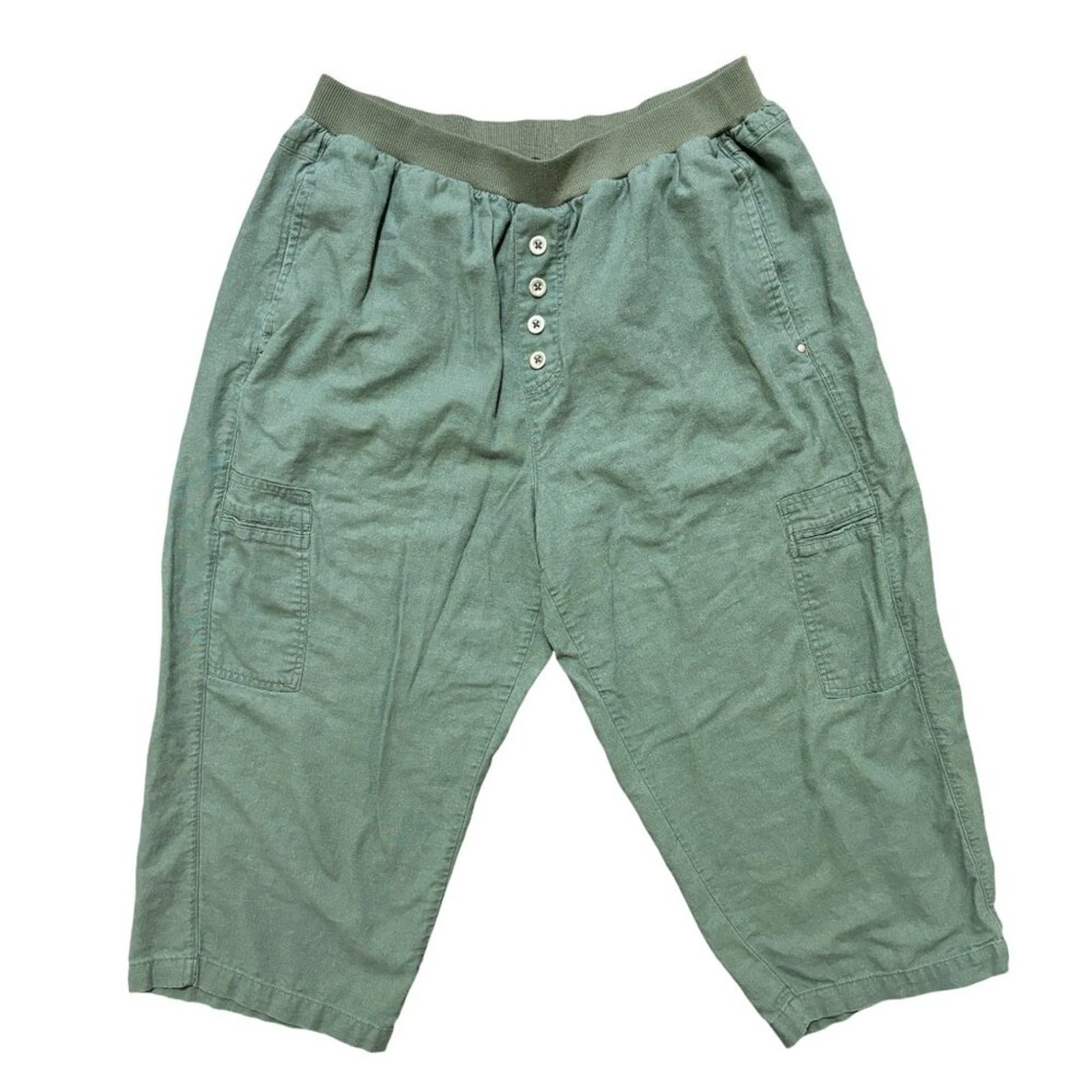 ELLOS Linen Blend Cargo Pocket Pull On Capri Pants in Army Green WOMEN'S 14