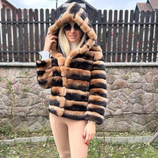 Fashion Women's New Natural Rex Rabbit Fur Jackets Hooded Winter Chinchilla Coat