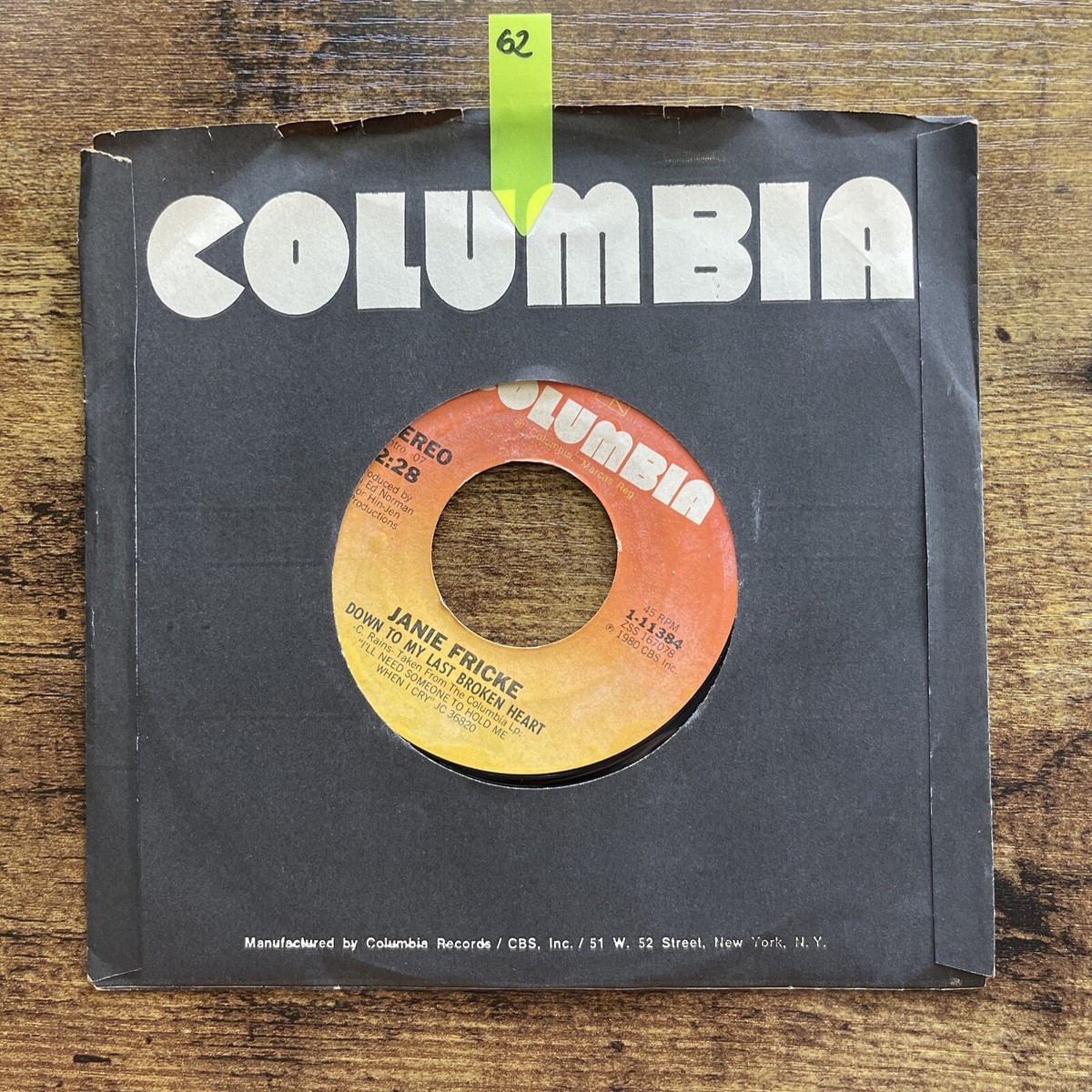 Janie Fricke - Down To My Last Broken Heart - Columbia 1-11384 7