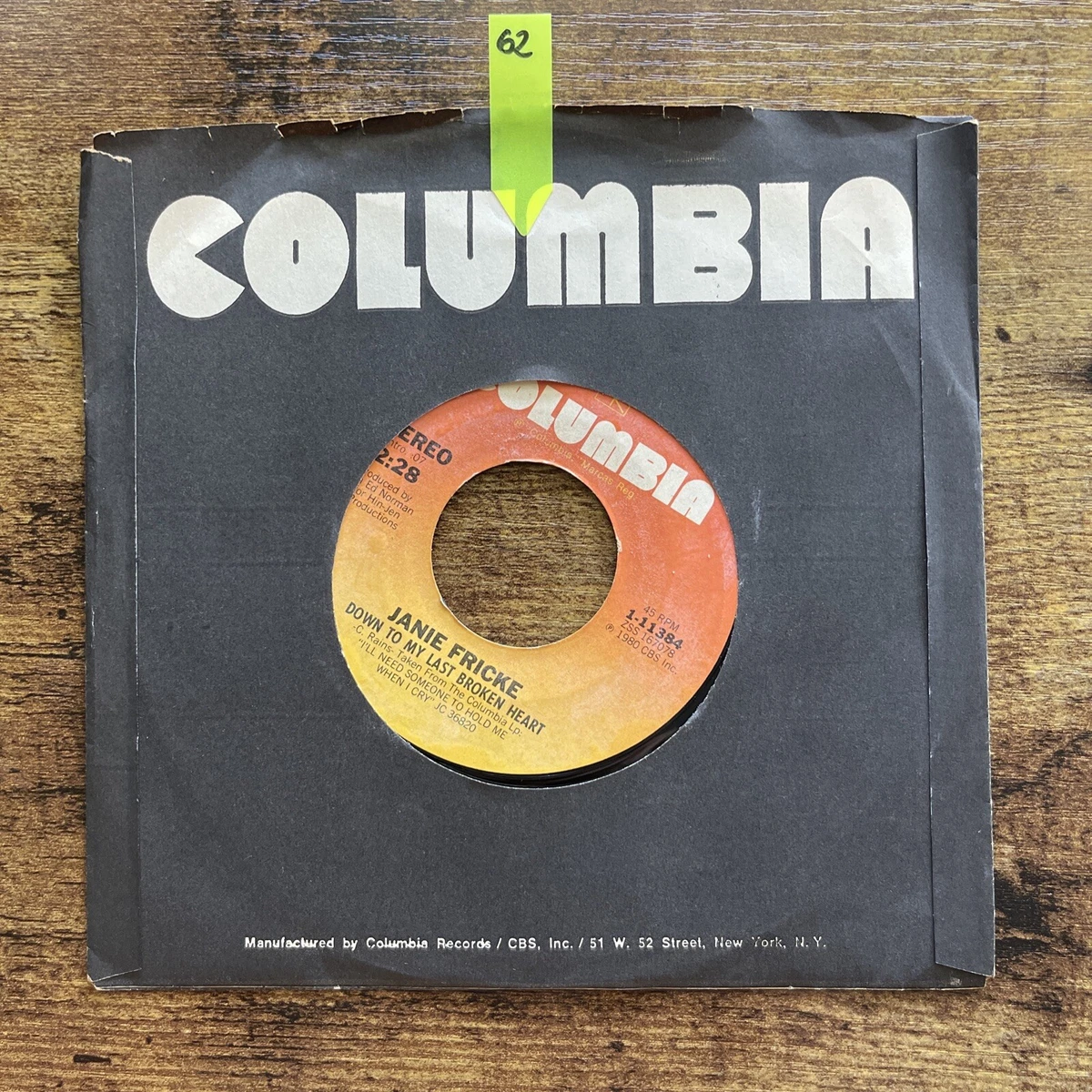 Janie Fricke - Down To My Last Broken Heart - Columbia 1-11384 7