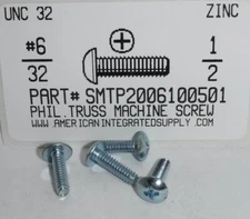 #6-32x1/2 Truss Head Phillips Machine Screws Steel Zinc Plated (100)