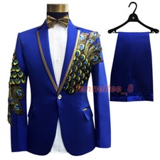2PCS Men One Button Sequin Peacock Blazer Suit Slim Jacket Trouser Stage Costume