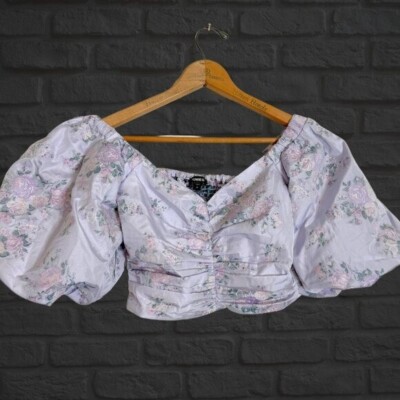 NWT Express Puff Short Sleeve Crop Top Purple Floral Embroidery Sweetheart Neck