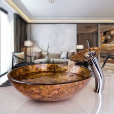 Tempered Glass Basin Vessel Vanity Sink Bowl With Waterfall Faucet Bathroom Set
